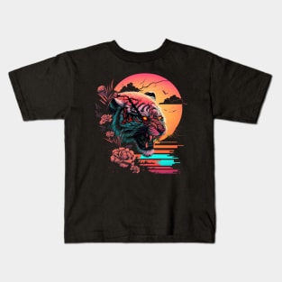 Tiger Head Retrowave Synthwave - 1980's Animal Print Kids T-Shirt